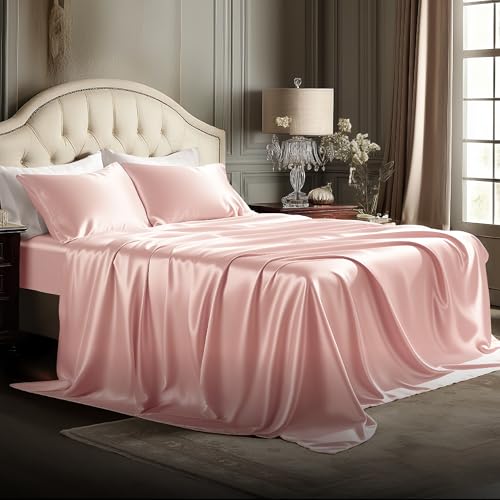 Image of Bedsure Pink Satin Sheets King Size, Soft Silky Bedsheets for Hair & Skin | Similar to Silk Bed Sheets Set 4 Piece with 15 Inches Deep Pocket Fitted Sheet,1 Flat Sheet, 2 Satin Pillowcases