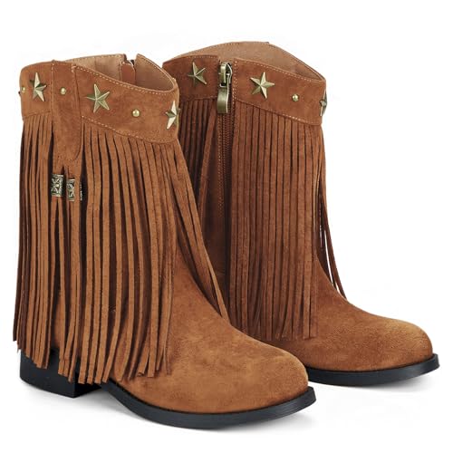 Choiran Girls Cowgirl Boots with Fringe - Western Cowboy Boots for Girls Toddler Little Big Kids Non-Slip Round Toe Side Zipper Faux Suede Tassel Star Studs Boho Shoes for Daily Birthday