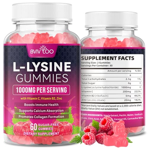 BVIVLOO L-Lysine 1000mg Gummies for Immune Support & Skin Health - High Potency Vegan Sugar-Free Gluten-Free Supplement with Natural Raspberry Flavor for Adults & Kids - 60 Gummies