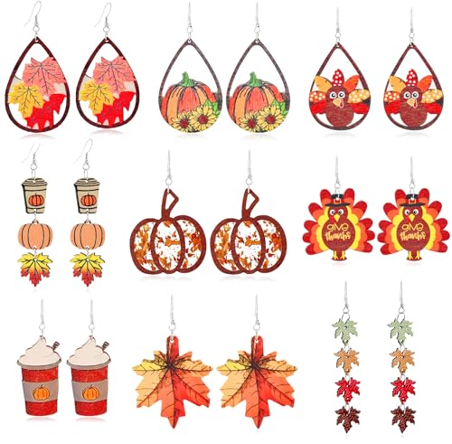 18 PCS Thanksgiving Fall Earrings for Women Autumn Earrings Pumpkin Maple Leaf Turkey Wooden Dangle Earring Holiday Jewelry