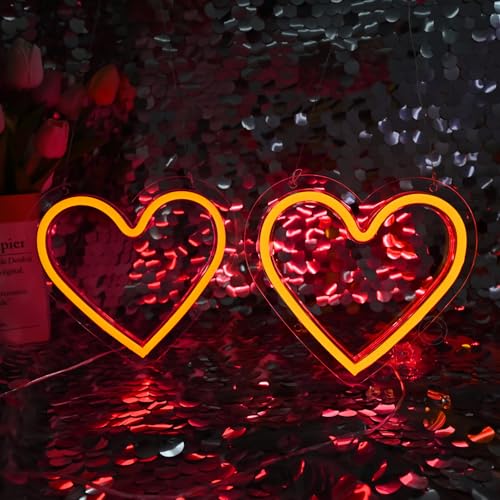Image of Britrio Red Heart Neon Sign for Girls Room Dorm Bedroom Wall Decor Art 2 Pcs LED Neon Heart Light Sign Wedding Anniversary Birthday Party Home Decor Gifts for Mothers Valentine Battery or USB Powered