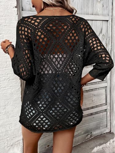 Image of Verdusa Women's Crochet Beach Summer Sweater 3 /4 Length Sleeve Boho Off The Shoulder Tops