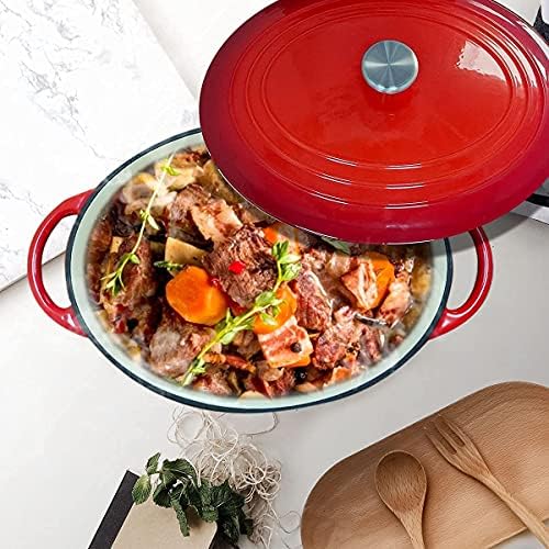 HUABANG Enameled Dutch Oven, Non-Stick Heavy-Duty Cast Iron Oval Stewpan, Enamel Coated Cookware with Lid for Induction, Electric, Gas & in Oven Compatible (Red, 33CM)