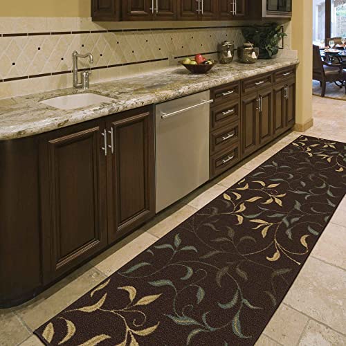 Machine Washable Leaves Design Non-Slip Rubberback 3X10 Traditional Runner Rug For Hallway, Kitchen, Bedroom, Living Room, 2'7" X 9'10", Brown #TOP1