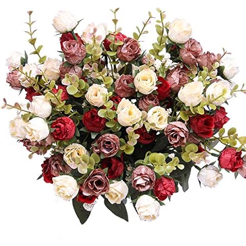 Flojery 21 Heads Silk Rose Bouquet Artificial Flowers Mini Rose for DIY Wedding Bouquets Centerpieces Bridal Shower Party Home Decorations,Pack of 4 （Red） Cover