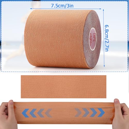 Image of 3 Rolls Kinesiology Tape, Waterproof, 3in x 5.5yd, Beige | Water-Resistant & Breathable, Latex-Free Cotton for Muscle & Joint Support During Powerlifting, Cross Training & Workouts
