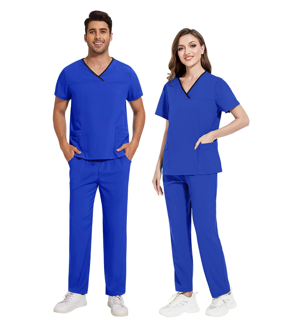 Scrub Set Unisex Medical Uniforme Set Poliestere Traspirante Asciugatura Rapida Anti Pilling Workwear con 4 Tasche Top Stretch Pants DK51