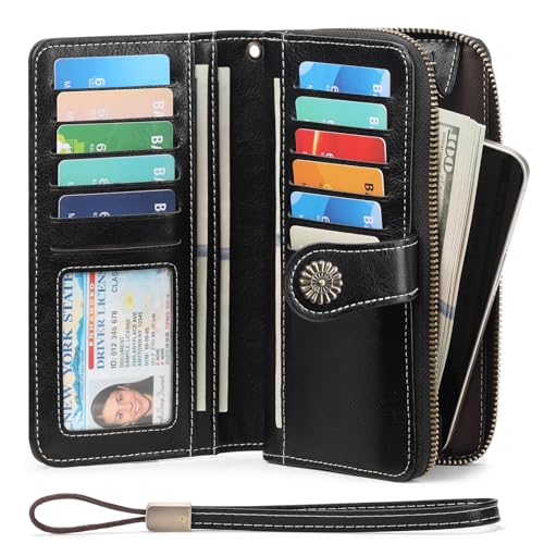 Image of Wristlet Wallets for Women Leather Credit Card Holder Bifold Black | RFID Blocking, Large Capacity, Ladies Phone Clutch Purse with Zippered Coin Pocket