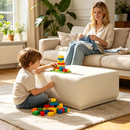Image of YISUN Super Stretch Square Ottoman Cover - Soft Form Fit Ottoman Slipcover for Foot Stool & Folding Storage, Washable Furniture Protector with Non-Slip Elastic Bottom (M, Beige)
