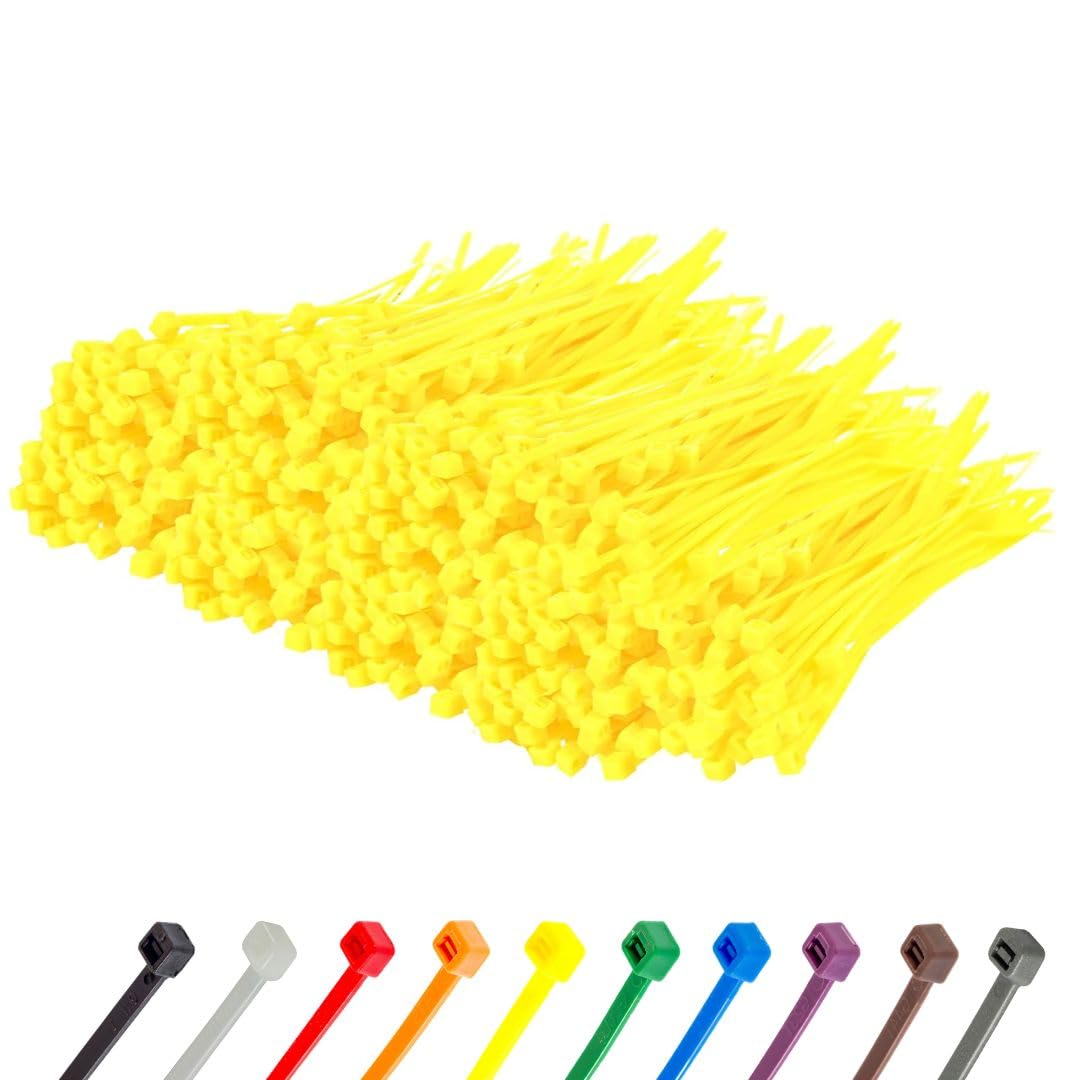 Gocableties Yellow Cable Ties, 100Mm X 2.5Mm, Bulk Pack Of 1000, 4” Premium Nylon Zip Ties, Plastic Tie Wraps, Secure Self-Locking Mechanism, For Home, Garden, Office And Diy Small