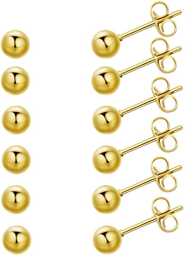 6 Pair Tiny Women 14K Gold Plated Ball Stud Earrings Surgical Stainless Steel Earrings Set, 2-6MM - Image 3