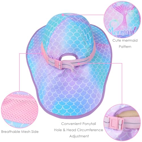Girls Sun Hat for Kids UV Protection Unicorn Summer Hat Beach Play Hats Wide Brim Neck Flap for Girls Ponytail Hat 2-9 Years - Image 6