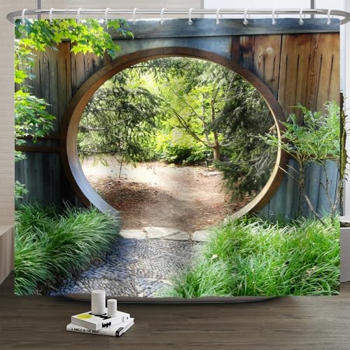 Xiaoterna Japanese Garden Shower Curtain 3D Spring Forest Nature Scenery Bathroom Curtain Circle Rustic Wooden Doorway Gate Green Plant Sunshine Mould Proof Washable Shower Curtain 240x180cm