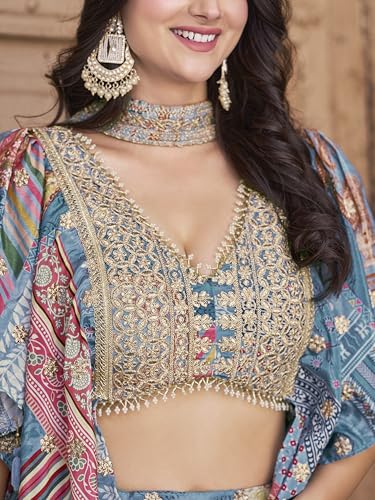 Image of AG Clothing Women's Digital Print With Zari Dori Embroidery Work Chinnon Silk Lehenga Choli With Dupatta (Women-Lehenga-Choli-New; Free size)