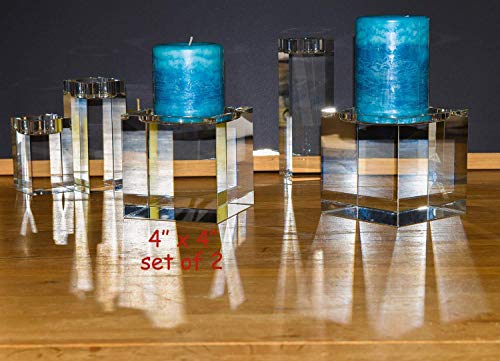 Le Sens Amazing Home Huge Crystal Pillar Candle Holders 4" 4" 4" Set Of 2,Decorative Home Decor Led Big Candles Stand,Prepackaged Elegant Heavy Solid Square Large Centerpiece For Home Decoration #TOP7