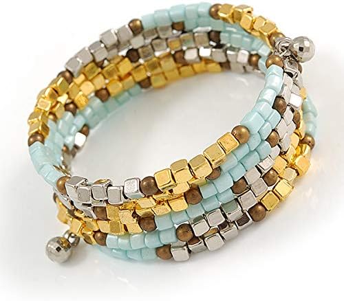 Avalaya Multistrand Glass, Acrylic Bead Coiled Flex Bracelet (Silver, Light Blue, Gold, Bronze) - Adjustable - Image 4