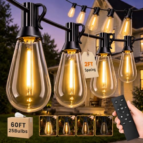 TONGZESS 60FT(50+10) Outdoor String Lights 2FT Spacing 25 LED Edison Bulbs Waterproof Shatterproof Dimmable Warm White 3 Modes Timer Plug in Hanging Backyard Lights for Outside Patio