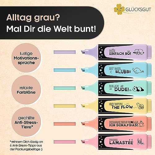 GLÜCKSGUT® 6x Textmarker Pastell | Geschenkbox & Anleitung | Scherz-Medikament | Anti Stress | Büro Schule Studium Uni | Abschiedsgeschenk für Kollegen Chef Lehrer