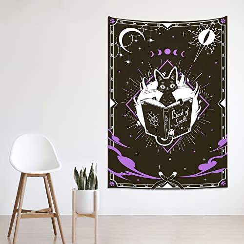 Ovenbird Black Cat Halloween Decor, Witchy Cat Tapestry With Sun And Moon Phases; Black And White Tapestry For Bedroom Aesthetic; Cute Tarot Card Wall Tapestry Wall Hanging As Wall Art For Bedroom, Dorm And Ceiling; Vertical, Purple, 59"X 39" #TOP1