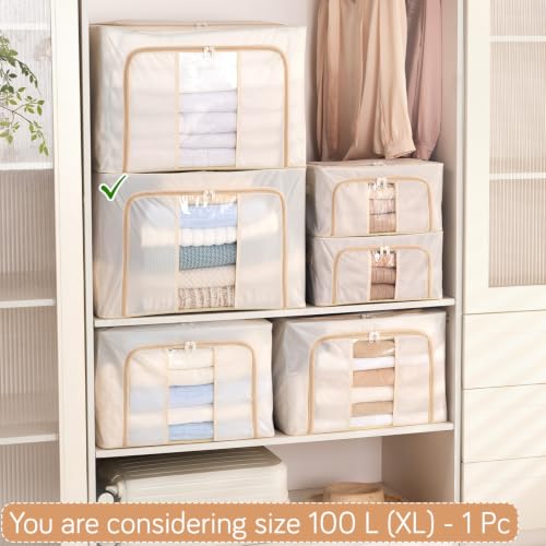 Image of HOKIPO 100L Wardrobe Organiser for Storage for Clothes, Extra Large Foldable Storage Box, Cream Pack of 1 (NEW-AR-6671-CRM)