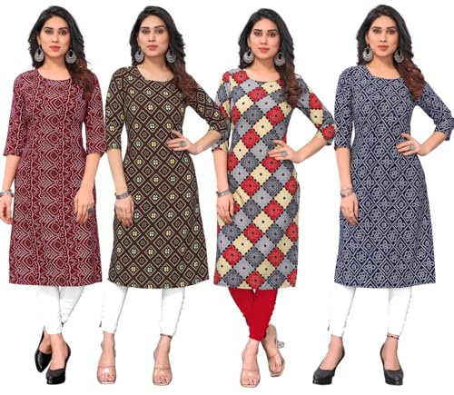 Image of JAKHANA Women's Crepe Printed Casual Straight Calf Length Round Nick Kurta Pack of 4