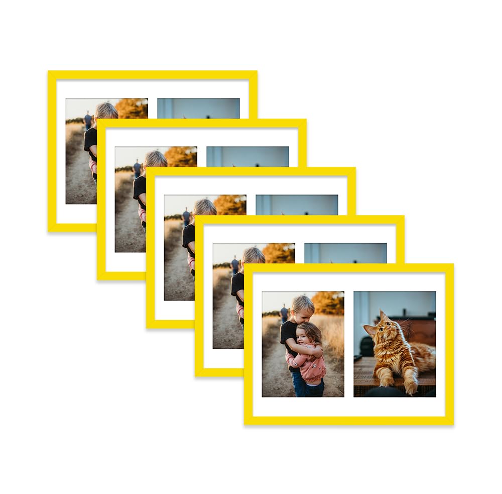 Yellow Multi Photo Frame - Holds 2 x 9x7 Pictures, Family Collage Picture Frame for Wall Display, 16x12 Frame size, Set of 5