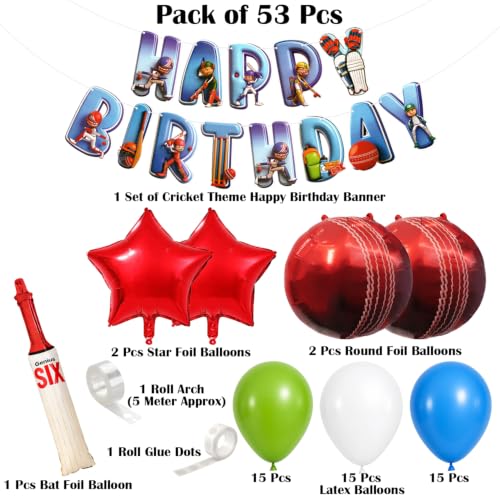 Image of Rozi Decoration Cricket Theme Birthday Decoration Combo Set with Paper Banner, Bat Foil Balloon and Cricket Birthday Decoration Kit - 53 Pieces Party Decor Kit