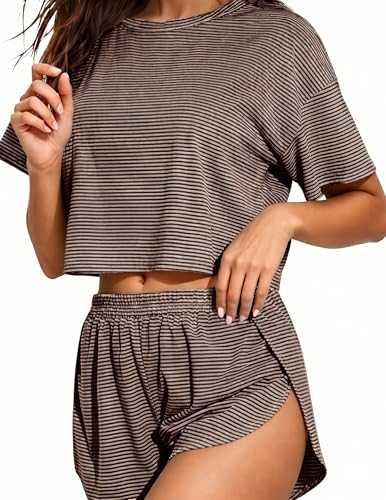 Image of Split Short Pajama Set Soft Women's Striped Pajama Sleeve Tee & Elastic Waist Shorts Summer Lounge Sleepwear