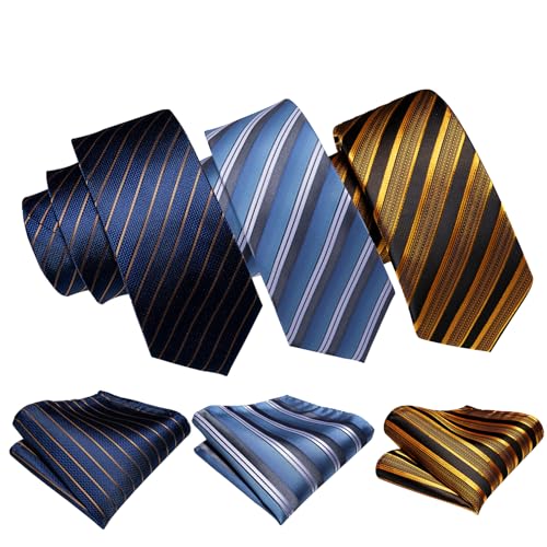 Image of Barry.Wang 6 PCS Men Ties Set Silk Business Fashion Woven Necktie Handkerchief Cufflinks Paisley Stripe Wedding Party