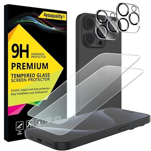 4youquality [4-in-1 Screen Protector for iPhone 15 Pro with Camera Lens Protector Tempered Glass Film 2-Pack Each [LifetimeSupport][Impact-Resistant][Anti-Scratch][Ultra-Transparent]