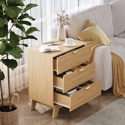 Image of Wodeer Night Stand Set 2, Bedside Table & End Table, Mid Century Modern Fluted Wood Nightstand with 3 Drawers & Metal Handles, Farmhouse Nightstand for Bedroom, Natural Oak