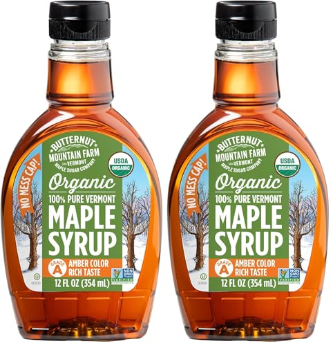 Butternut Mountain Farm Pure Vermont Maple Syrup, Organic, Grade A, Amber Rich, 12 oz, Easy Squeeze Bottle (Pack of 2)