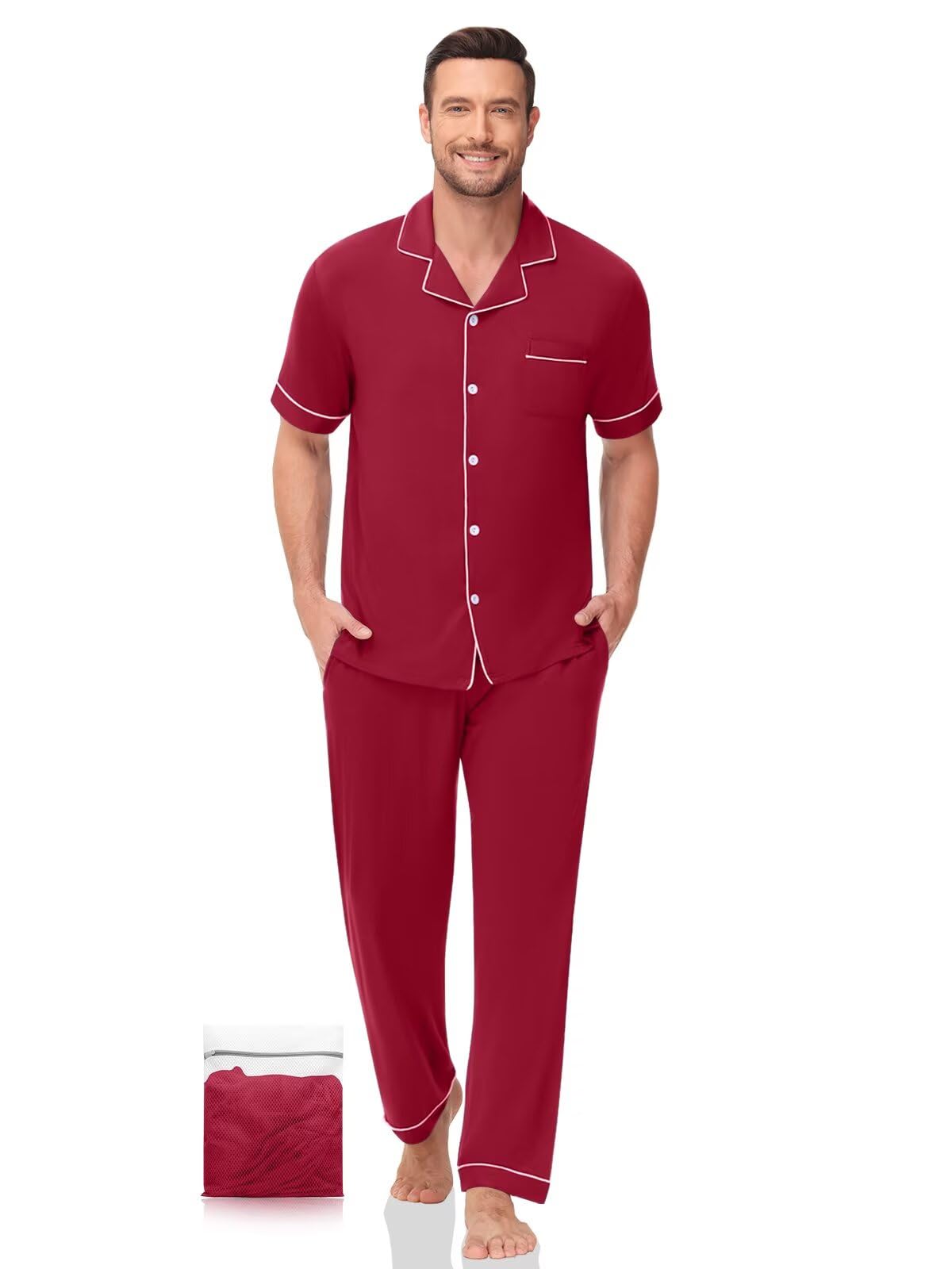YOPUGEE Men Pajamas Set Two Pieces Short Sleeve Sleepwear Button Down Loungewear Set Soft Modal Pj Set with Pockets