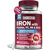Vitacook Iron Supplement for Women & Men, Iron Bisglycinate with Vitamin C, B6, B12, Folate, Stomach Friendly, Non-Constipating, Blood Health & Energy Boost, 60 Vegan Caps