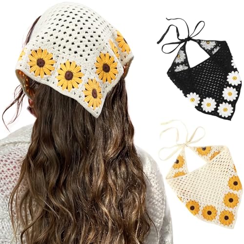 HAIMEIKANG Floral Crochet Hair Bandanas Headscarf for Women Boho Hair Scarf Bandana Headband Scarf Vintage Head Kerchief for Girls(Yellow+Black)