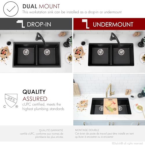 Image of Stylish 33 x 18 Inch Composite Granite Workstation Kitchen Sink, Double Bowl Under Mount & Drop in, 9.5 in Deep, with Bamboo Cutting Board, Roll-Up Drying Rack, Colander & Strainers, Black, S-833WN