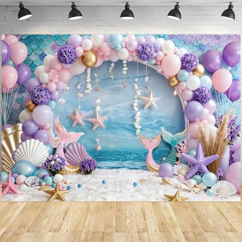 Mermaid Backdrop Under The Sea Photography Background Purple and Pink Balloon Marine Ocean Party Decorations Girls Kids Baby Birthday Decor Banner 7X5FT
