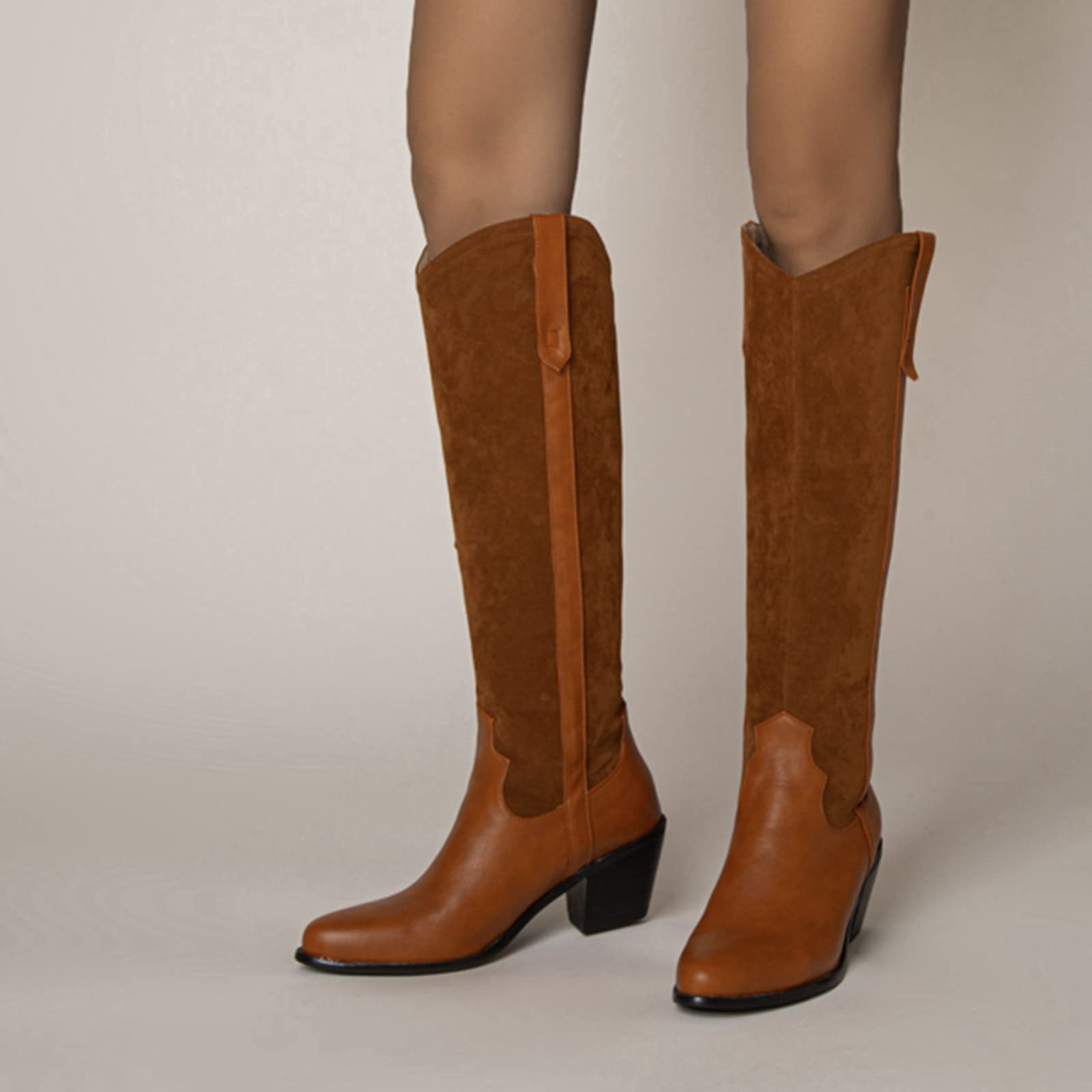 CUTEHEELS Damskie buty typu casual Slip-on Western do kolan wysokie buty z chunky obcasem i szpiczastym noskiem, żółty1, 43 EU