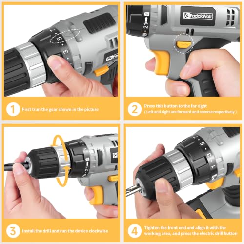 Image of FADAKWALT Cordless Drill Set, 20V Electric Power Drill With Battery And Charger, 30N Torque, 21+1 Settings, 3 /8-Inch Keyless Chuck, Driver Bits Kit, LED Light (Grey)