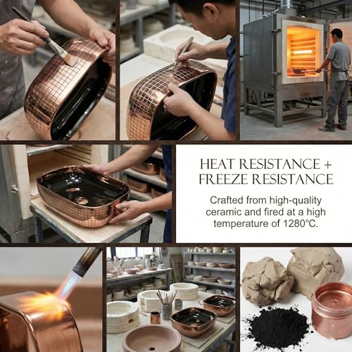 Image of BASSINO 18x13x5.5 Inches Table Top Washbasin /1 Year Warranty /Ceramic Wash Basin for Bathroom /Rectangular Shape Counter Top Wash Basin for Dining Hall /Living Room /Vessel Sink(Glossy Black & Rosegold)