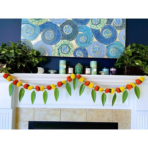 Image of LOVENSPIRE Marigold and Mango Leaf Door Toran (5 Ft.) Traditional Floral Garland Valance for Festival and Pooja Decor, Indian Bandarwal Hanging for Diwali, Weddings, and Housewarming Favors
