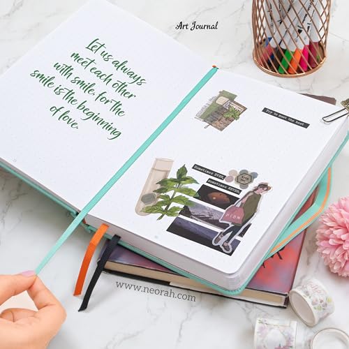 Image of NEORAH - A5 - ART JOURNAL | 200 Gsm Dotgrid Notebook | 160 Pages(21.0 x 14.8 cm) |Hard Cover | 3 Bookmarks | Elastic Closure | Back Pocket | Ideal - Bujo,Drawing & Painting, Junk Journal (Teal)