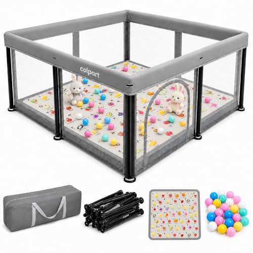 Laufstall Baby Faltbar mit Matte (127x127 cm) – Großes Laufgitter für Babys & Kleinkinder | Zusammenklappbarer Sicherheitszaun inkl. Spielmatte & Bällen | Indoor & Outdoor