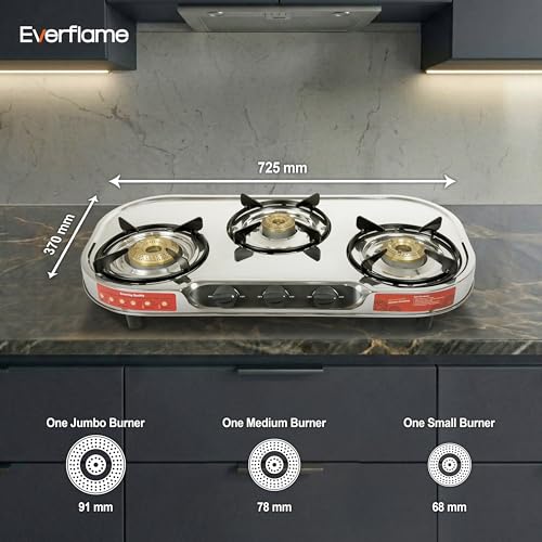 Image of Everflame Swift VT3 3 Burner Gas Stove | Stainless Steel Body | Tri-Pin Brass Burners | Gas Saver Technology | Manual Ignition | Ergonomic Knobs | 360 Brass Nozzle | 2 Years Manufacturer Warranty