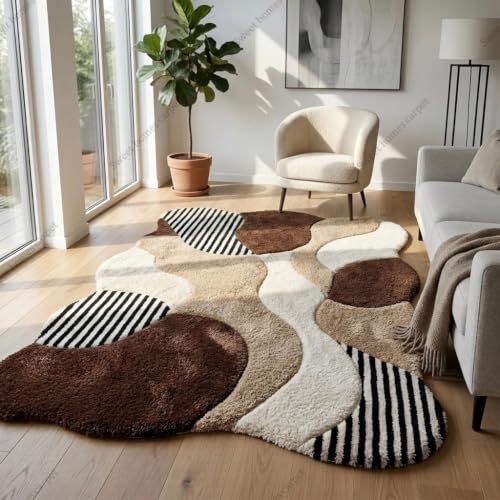 Image of SWEET HOMES Carpet for Living Room | Irregular Handwoven Shaggy Fluffy Area Rug | Modern Abstract Plush Carpet, 12 x 14 Feet (366 x 427 cm), Brown Beige