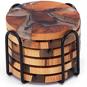 Drink Coaster Set, Wooden Absorbent Coasters, Epoxy Resin Coaster for Coffee Table, Tabletop Protection Decor, Set of 6 With Holder Drink Coaster Set Wooden Absorbent Coasters Epoxy Resin Coaster for Coffee Table Tabletop Protection Decor Set of 6 With Holder