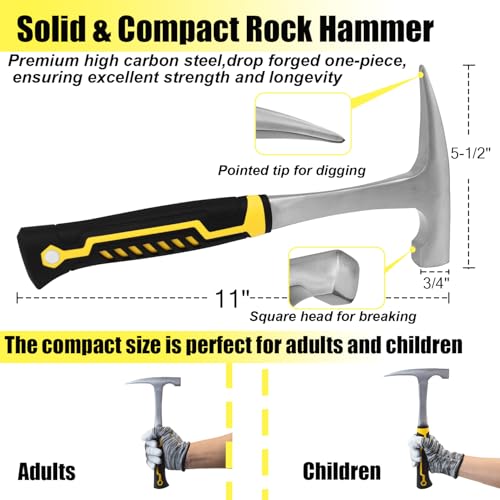 20Pcs Geology Rock Pick Hammer Kit, 22oz Rock Hammer & Digging Chisels & Sholve Set for Rock Hounding, Fossil Dig, Geodes, Gold Mining & Prospecting, Bag, Magnifying Glass, Whistle, Goggles (Blue) - Thumbnail 3
