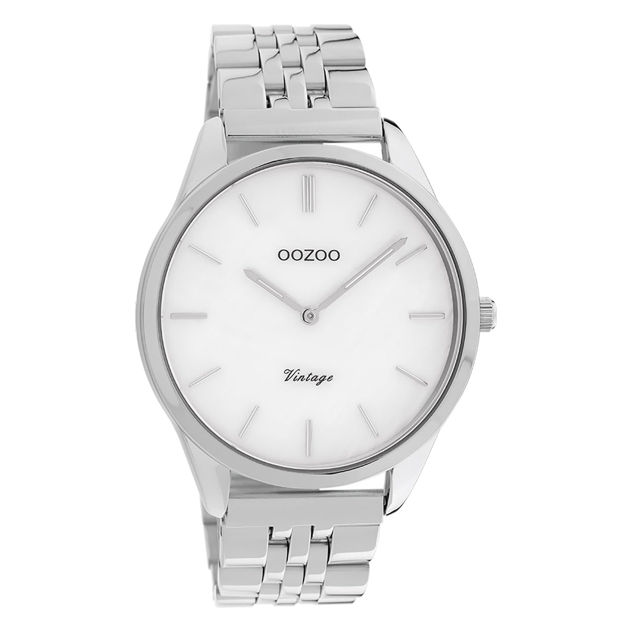 Oozoo Orologio da donna vintage con maglie in acciaio inox, cinturino piatto 38 mm, madreperla/argento C9980, argento/bianco, Bracciale