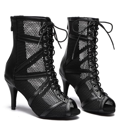 Image of Dance Practice Shoes for Women Mesh Ballroom Sandals Heels Party Prom Ankle Booties with Zip