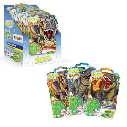 INKEE Bubble Bath Dino - Bain moussant pour enfants Dinosaure, Liquide pour mousse de bain VERT avec Aloe vera & Arôme Bonbon Cola, 15x 40g
